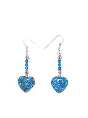 Earrings Blue Heart Flowers White Red Yellow Blue Beads 2 " long Sterling Hook